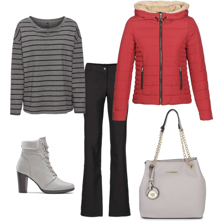 Outfit donna - Urban #10023. Stile Urban Abbinamento con pantaloni, borse a tracolla, stivaletti, piumino rosso, borsa a tracolla secchiello nero e grigio.