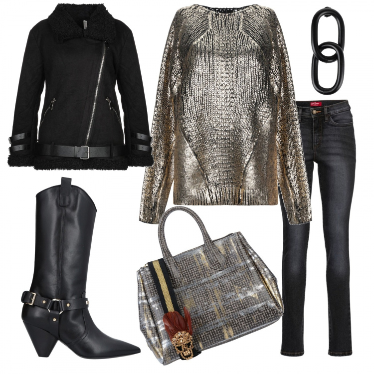 Outfit donna - Casual Gold. Stile Urban per Tutti i giorni. Abbinamento con jeans slim fit, cappotto effetto scamosciato con cinturino in pelle sintetica, pullover fantasia lavorato a maglia collo tondo a maniche lunghe 50% lana, borsa a mano fantasia multicolore effetto laminato taglia media con zip interno sfoderato con tracolla removibile, stivali con cubano e fibbia interno in pelle a punta in pelle tinta unita, orecchini.