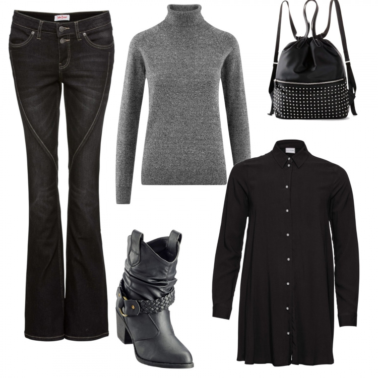Outfit donna - La camicia sopra il dolcevita. Stile Basic per Tutti i giorni. Abbinamento con camicie, jeans bootcut in denim elasticizzato nero, stivaletti texani, zaino, maglione melange lavorato a maglia collo a dolcevita aderente grigio.
