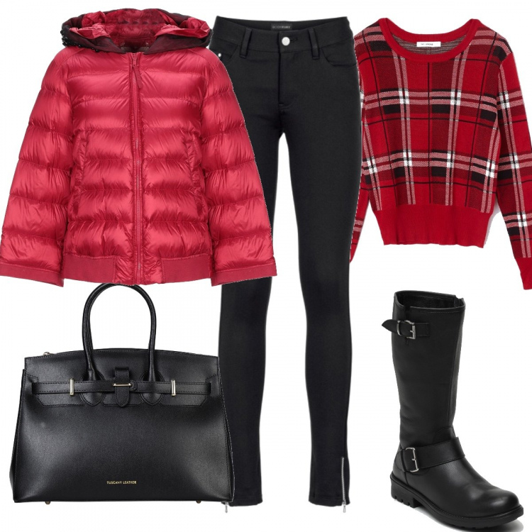 Outfit donna - Glamour Con i Biker. Stile Trendy per Tutti i giorni. Abbinamento con pantaloni, piumino, borse a mano, maglione fantasia rosso, stivali nero.