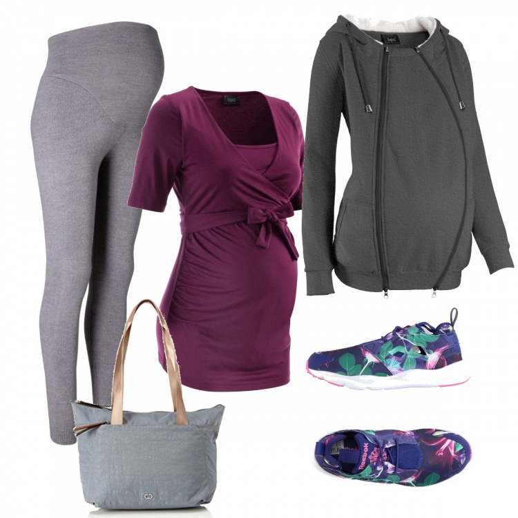 Outfit donna - Corso di yoga pre-parto. Stile Basic per Tutti i giorni. Abbinamento con blazer, pullovers, leggings premaman con fasce in in maglia grigio, sneakers tennis, borsa a spalla.