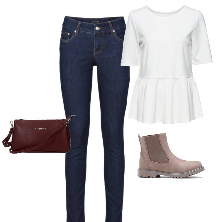 Outfit donna - Basic #18843. Stile Basic per Tutti i giorni. Abbinamento con jeans skinny, maglia bianco, pantaloni capri, borsa a tracolla con logo frontale viola.