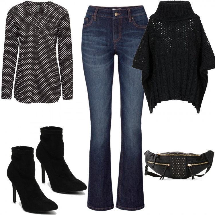 Outfit donna - Tu sì que vales. Stile Urban per Tutti i giorni. Abbinamento con jeans bootcut, tunica, vestiti, cappotti, tronchetti nero.
