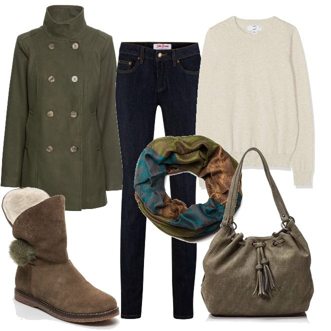 Outfit donna - Sentieri di montagna. Stile Basic per Tutti i giorni. Abbinamento con jeans skinny, caban, stivaletti con fibbia interno foderato con punta tonda in pelle kaki, pullovers, sciarpe, borse a spalla.