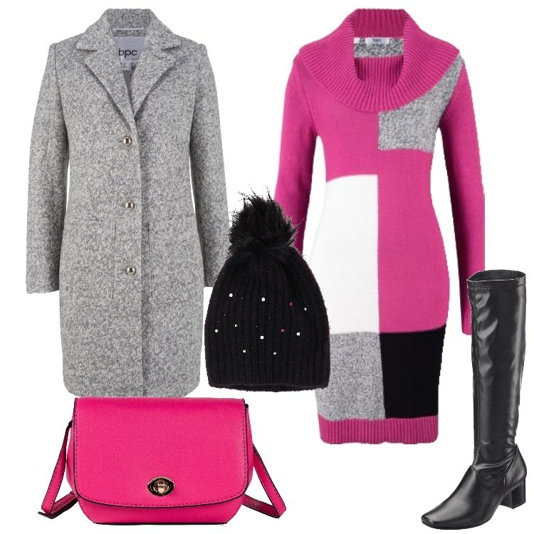 Outfit donna - Buongiorno a colori. Stile Basic per Tutti i giorni. Abbinamento con stivali, vestito fantasia geometrica scollo a cascata a maniche lunghe in in maglia tinta unita, maglieria, borsa a tracolla con zip interno foderato in pelle sintetica con scomparti fucsia, cappello beanie con perle nero.