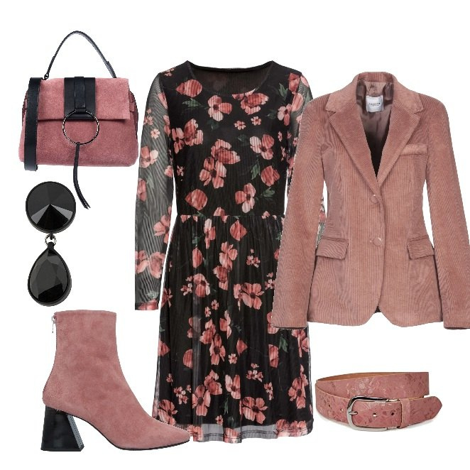 Outfit donna - Fiori d\'autunno. Stile Bon Ton per Serata fuori. Abbinamento con giacca, stivaletti, borsa a mano con manico effetto scamosciato taglia media interno foderato tinta unita, orecchini in ottone, vestiti lunghi, cintura rosa.