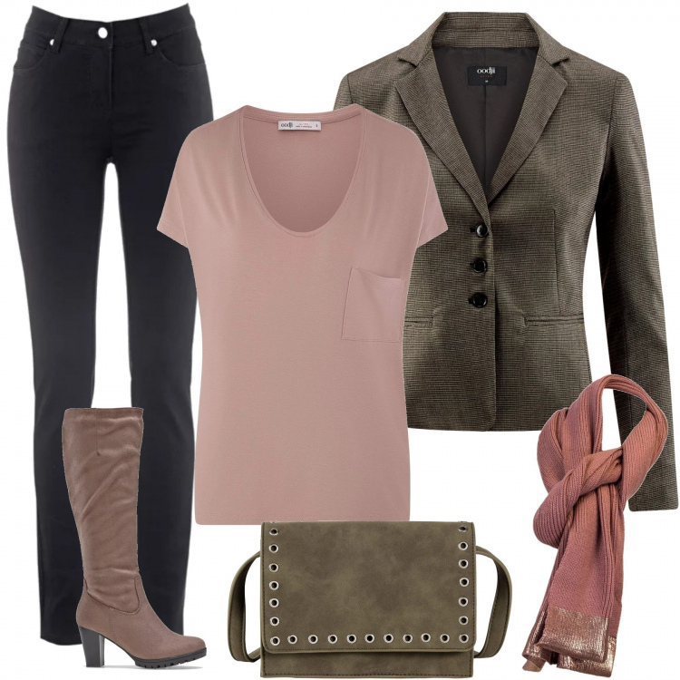 Outfit donna - Fall Style look. Stile Trendy per Tutti i giorni. Abbinamento con jeans dritti, stivali, costumi interi, sciarpe, blazer, t-shirt con scollo rosa.