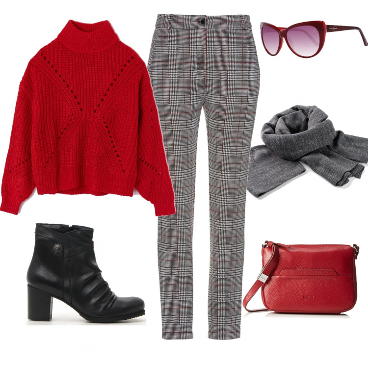 Outfit donna - Tartan and chunky yarn pullover. Stile Basic per Tutti i giorni. look ideale per Petite. Abbinamento con vestiti chemisier, pantalone fantasia jersey nero, maglia rosso, stivaletti, occhiali da sole, borsa a tracolla con zip e tasca interna rosso.