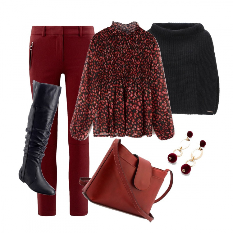 Outfit donna - Stasera castagne. Stile Basic per Tutti i giorni. Abbinamento con stivali sopra il ginocchio, orecchini viola, mantella senza tasche lavorato a maglia collo alto interno sfoderato tinta unita, blusa fantasia floreale collo alto a maniche lunghe rosso, borsa a tracolla rosso, pantalone con zip aderente rosso.