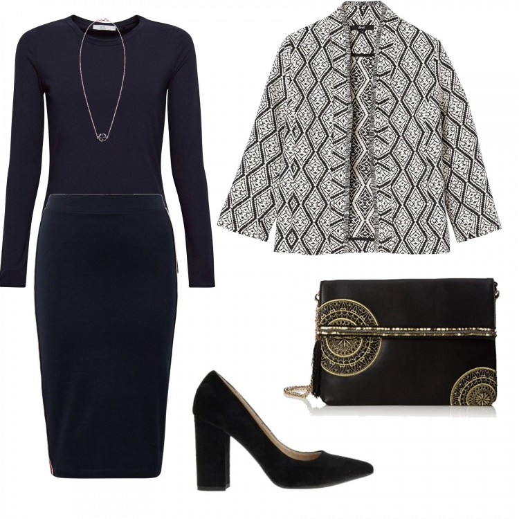 Outfit mujer - Basicos con estilo. Estilo Chic para Ceremonia. Combinación con giacca, gonna midi blu, camisas, clutch, collana, zapatos de tacón.