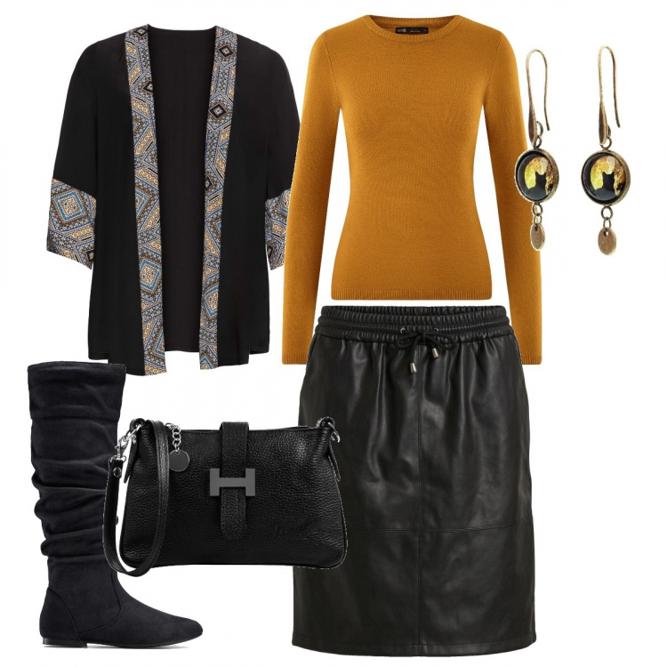 Outfit donna - Pranzo della domenica. Stile Urban per Tutti i giorni. Abbinamento con stivali, blazer, gonna nero, orecchini nero, borsa a mano made italy effetto scamosciato con zip interno foderato con scomparti nero, maglione a coste con scollo in denim filato giallo.