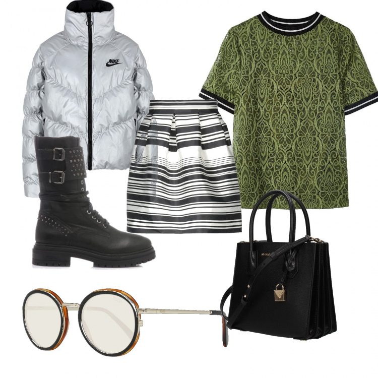 Outfit donna - Urban #10132. Stile Urban per Scuola/Università. Abbinamento con borsa a mano, anfibi, gonne longuette, piumini, maglia con scollo verde e kaki, occhiali da sole.