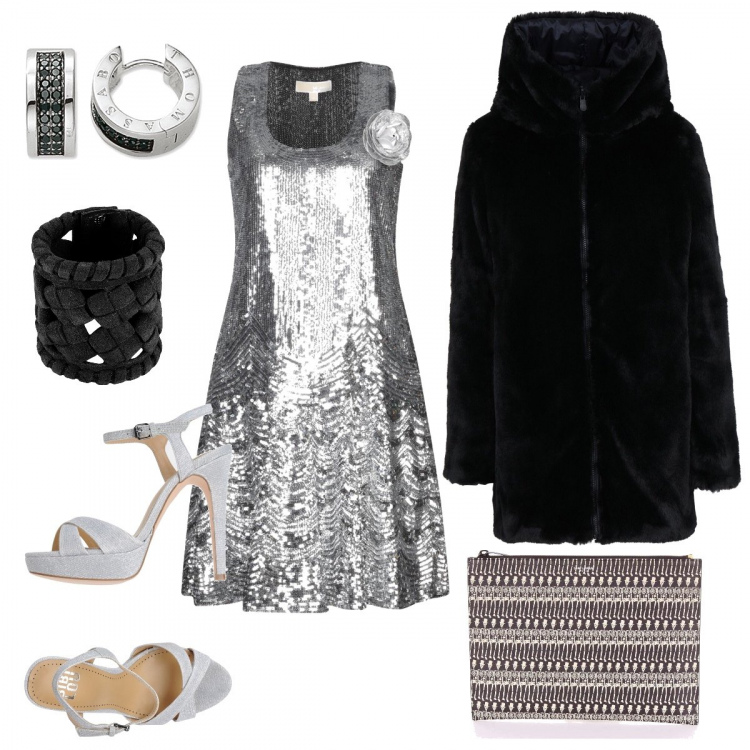 Outfit mujer - Total chic. Estilo Chic para Noche/Fiesta elegante. Combinación con pendientes, clutch multicolore, ecopieles, vestito, braccialetto, stiletti.