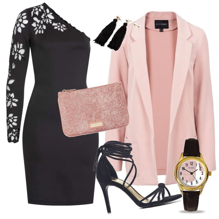 Outfit donna - Sera romantica. Stile Chic per Serata fuori. Abbinamento con vestiti corti, pantaloni capri, body, pantaloni culotte, pochette con zip rosa, orologio analogico con cinturino nero.