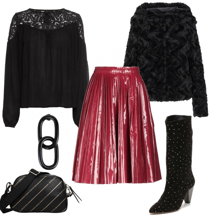 Outfit donna - Pronte, si esce!. Stile Trendy per Serata fuori. Abbinamento con tuniche, gonna al ginocchio plissè con zip interno sfoderato in pelle sintetica tinta unita, ecopelliccia, orecchini, pochette, stivaletti effetto scamosciato nero.