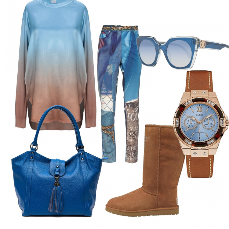 Outfit donna - Tra cielo e terra. Stile Urban per Tutti i giorni. Abbinamento con blusa fantasia collo tondo a maniche lunghe in raso jersey, pantaloni, stivali in pelle, occhiali da sole, orologio analogico con cinturino, borsa a tracolla con cinturino blu.