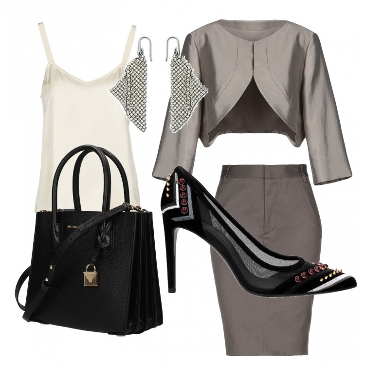 Outfit donna - Pomeriggio di shopping. Stile Sexy per Tutti i giorni. Abbinamento con décolleté, borsa a mano, gonna al ginocchio con zip interno sfoderato tinta unita, blazer, top, orecchini.