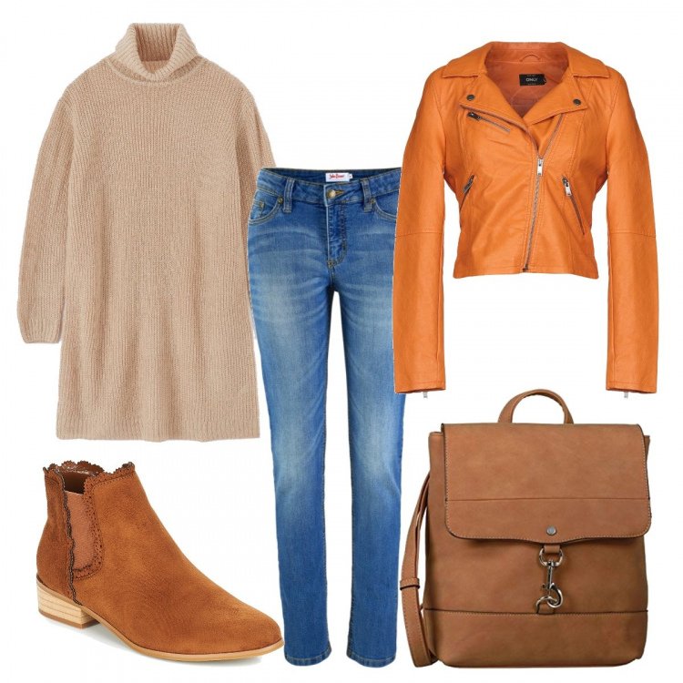 Outfit donna - Colori d’autunno. Stile Trendy per Tutti i giorni. Abbinamento con jeans skinny, giubbotto collo con revers a maniche lunghe con zip interno foderato in pelle sintetica tinta unita, vestito mini in in maglia, stivaletti marrone, zaino.