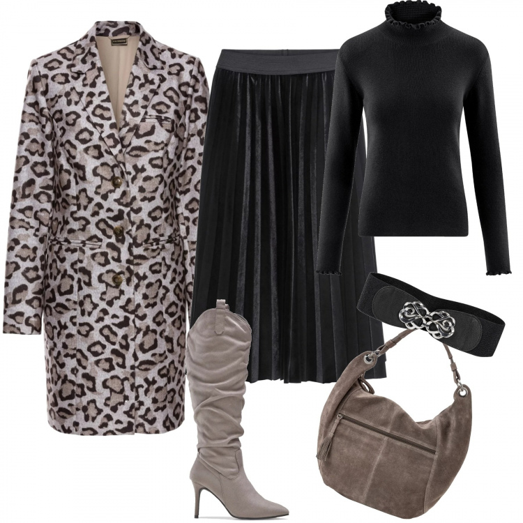 Outfit donna - Dora & il lunedì. Stile Urban per Tutti i giorni. Abbinamento con cinture, pantaloni, cappotto fantasia con spalline tinta unita marrone, stivali con zip grigio, shopping bag, maglione con balze girocollo aderente nero.