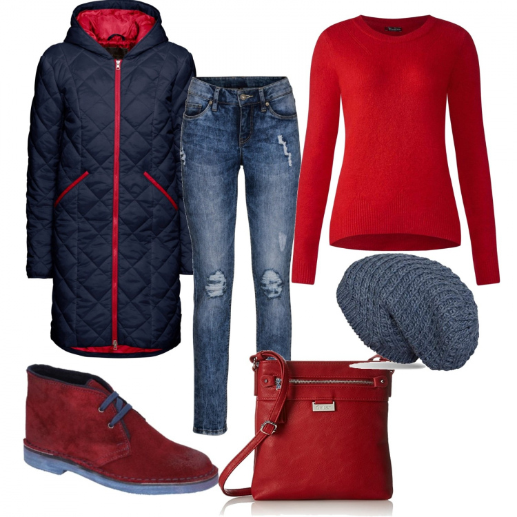 Outfit donna - Trendy #30595. Stile Trendy per Tutti i giorni. Abbinamento con blazer, jeans skinny blu, stivaletti, felpa, berretti, borse a tracolla.