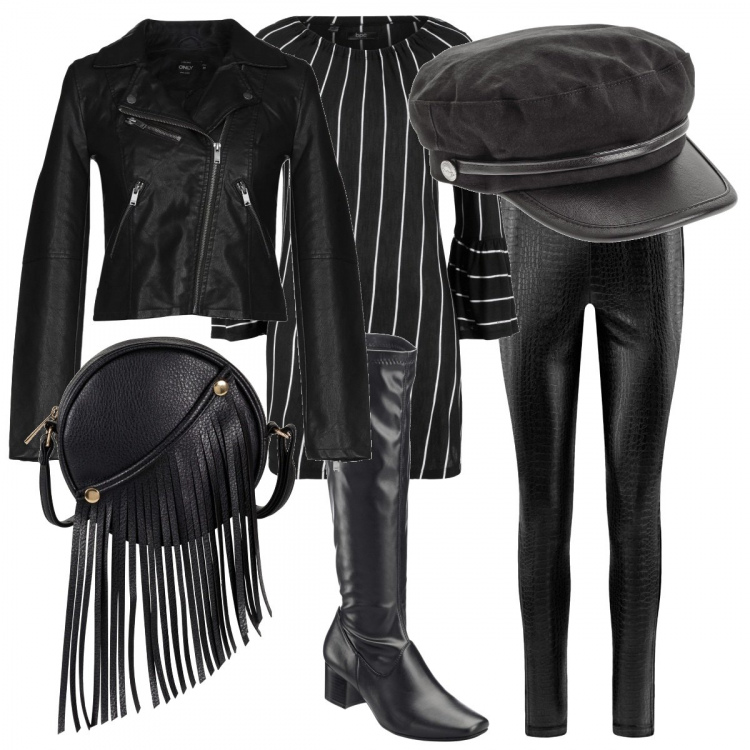 Outfit donna - Berretto Backer Boy. Stile Rock per Tutti i giorni. Abbinamento con stivali, maglia lunga nero, berretti, pantaloni, giubbotto collo con revers a maniche lunghe con zip interno foderato in pelle sintetica tinta unita, leggings in in maglia aderente nero.