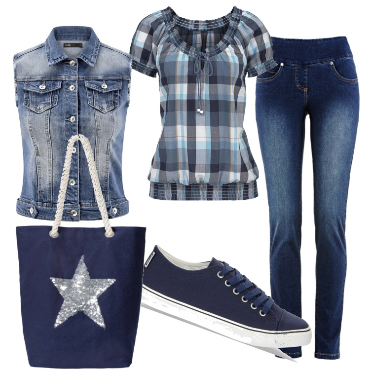 Outfit donna - In vacanza a Novembre. Stile Basic per Tutti i giorni. Abbinamento con jeans slim fit, tuniche, shopping bag, gilet a giromanica in denim con tasche blu, scarpe sport blu.