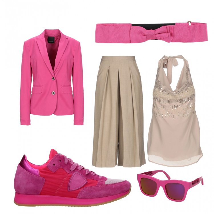 Outfit donna - Energia per L'AUTUNNO. Stile Sexy per Scuola/Università. Abbinamento con sneakers, occhiali da sole, gonna longuette vita alta interno sfoderato twill, top con perline scollatura profonda senza maniche crêpe, blazer, cinture.