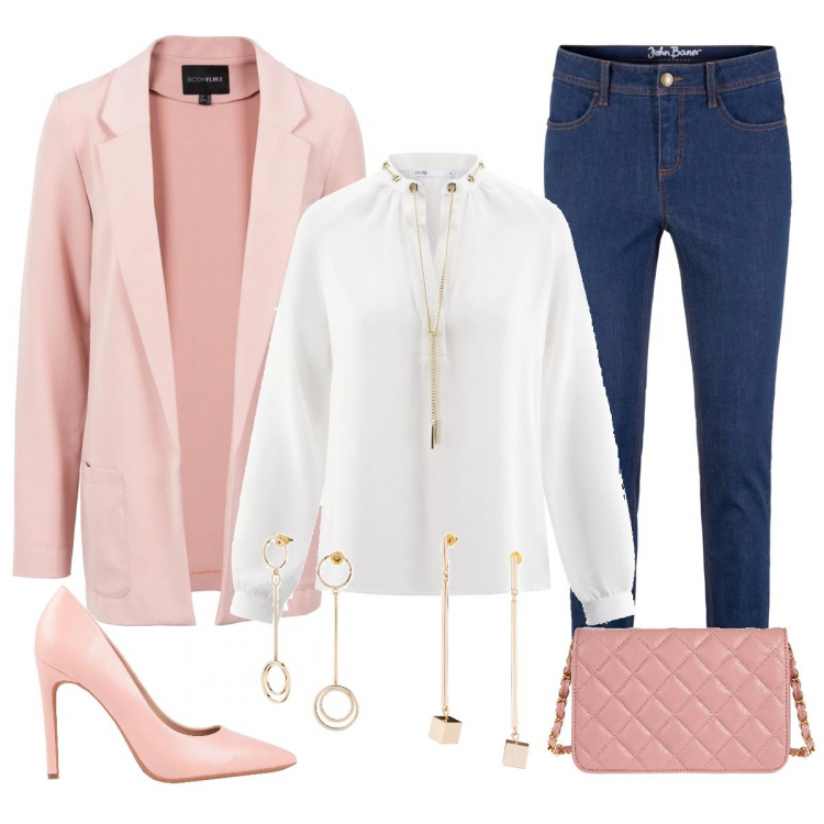 Outfit donna - Promozione in ufficio. Stile Trendy per Ufficio. Abbinamento con décolleté a punta tinta unita, vestiti corti, maglieria, vestiti, jeans elasticizzato skinny blu, camicetta bianco.
