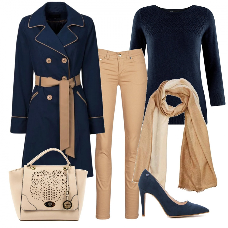 Outfit donna - Blu e beige. Stile Chic per Tutti i giorni. Abbinamento con trench, pantalone beige, maglione con scollo, décolleté, stola beige, borse a mano.