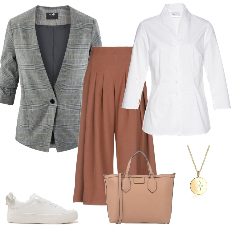 Outfit donna - Sportiva ma comunque sempre elegante. Stile Trendy per Tutti i giorni. Abbinamento con camicie, pantalone vita alta con zip crêpe, borse a mano, sneakers, blazer aderente grigio, ciondoli.