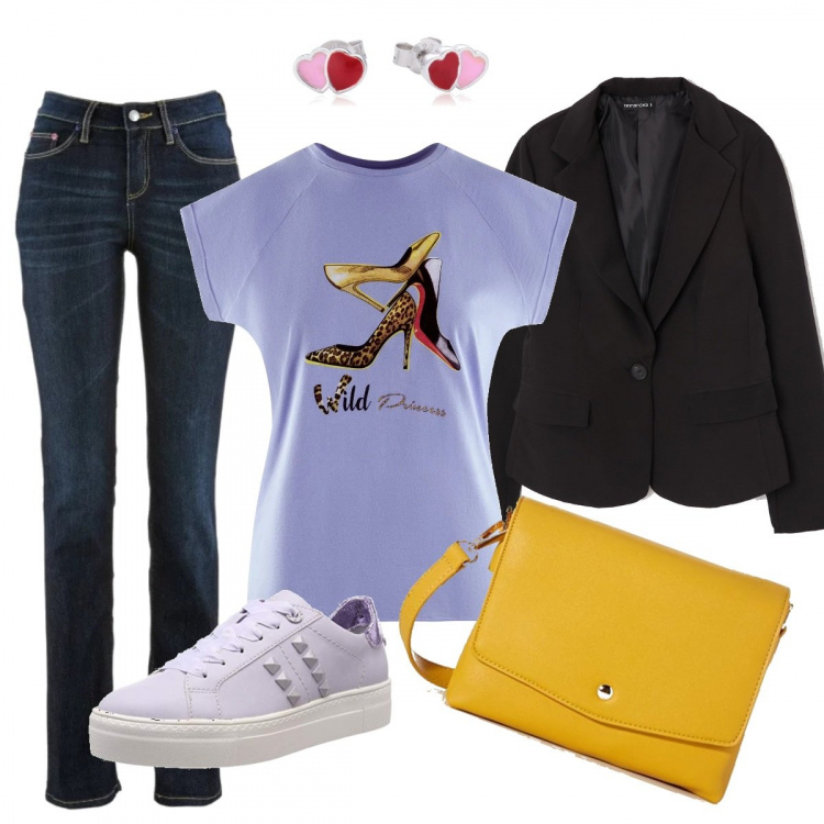 Outfit donna - Fashionista a pochi euro. Stile Basic per Tutti i giorni. Abbinamento con jeans dritti, giacca, t-shirt con stampa aderente viola, sneakers, corpo, orecchini.