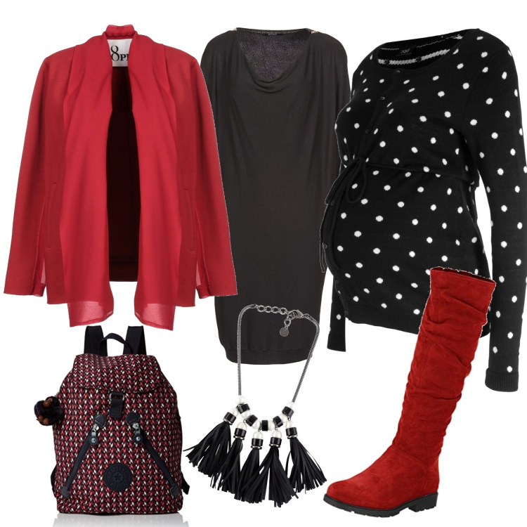Outfit donna - Premaman in rosso e nero. Stile Basic per Ufficio. Abbinamento con giacca crêpe, collana con nappine, vestiti corti, vestito corto nero, stivali, zaino con fibbia multicolore e rosa.