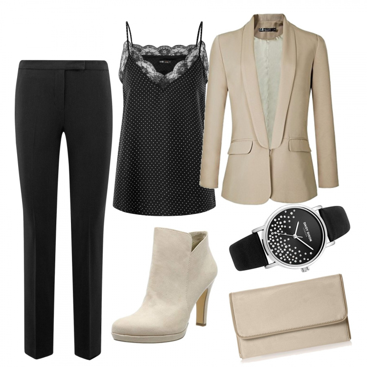 Outfit mujer - Lo elegante y lo cómodo no estan reñidos. Estilo Chic para Noche/Fiesta elegante. Combinación con blazer a maniche lunghe, top, botas y anfibios beige e crema, pantalone, reloj, carteras.