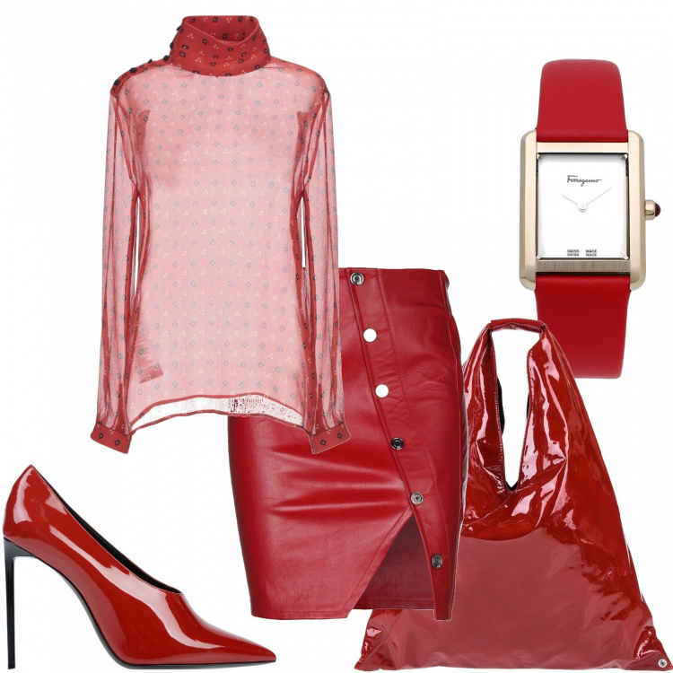 Outfit donna - Red carpet. Stile Sexy per Serata fuori. Abbinamento con blusa fantasia geometrica collo alto a maniche lunghe in seta crêpe, gonna longuette, orologio, décolleté, borse a mano.