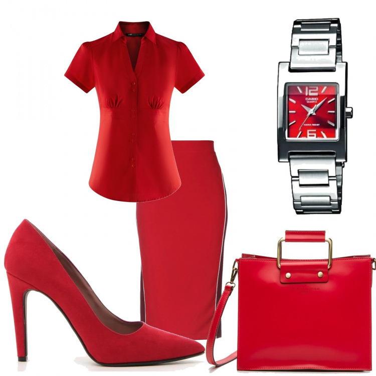 Outfit donna - Red carpet...low cost. Stile Sexy per Serata fuori. Abbinamento con gonna longuette con spacco fantasia con zip interno sfoderato crêpe, camicia con scollo aderente rosso, borsa a tracolla rosso, décolleté, orologio analogico con cinturino in acciaio inox.