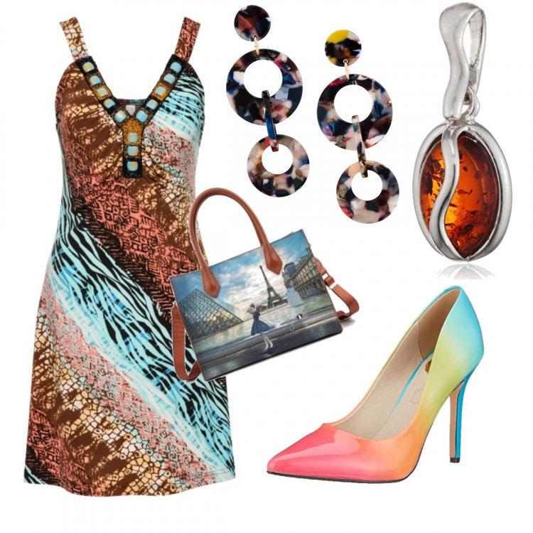 Outfit donna - Sfilata Salvatore Ferragamo. Stile Trendy per Serata fuori. Abbinamento con vestiti, orecchini, borsetta, collana in argento 925 marrone, scarpe col tacco.