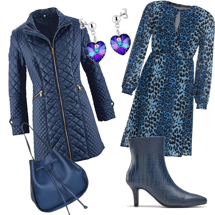 Outfit donna - Animalier alternativo in azzurro e blu. Stile Trendy per Serata fuori. Abbinamento con blazer, vestito a portafoglio con scollo e gancetto blu, stivaletti, borsa a spalla, orecchini.