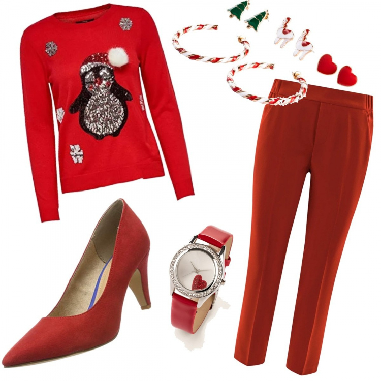 Outfit donna - Natale sta arrivando!!!. Stile Basic per Tutti i giorni. Abbinamento con costumi interi, orologio effetto vernice in pelle sintetica rosso, pullover, pantalone aderente rosso, scarpe col tacco.