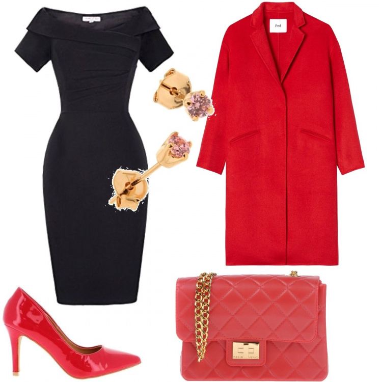 Outfit mujer - Invitada boda o evento. Estilo Bon Ton para Ceremonia. Combinación con vestito verde, cappotto midi rosso, pendientes, zapatos de tacón, borsa a tracolla mini.
