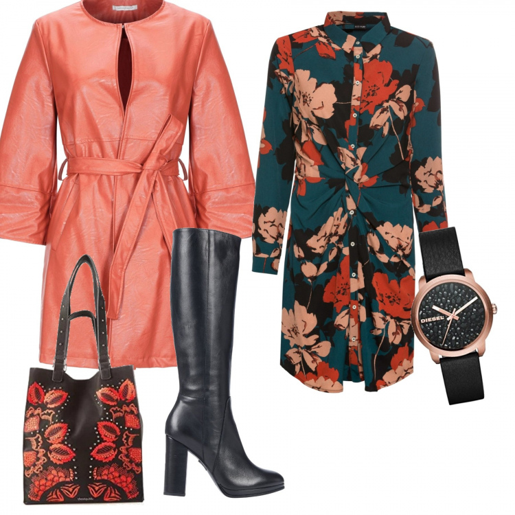 Outfit donna - Cappotto salmone. Stile Trendy per Tutti i giorni. Abbinamento con stivali con tacco squadrato e zip interno sfoderato con punta tonda tinta unita, cappotti, vestiti, borsa a spalla con zip e tasca interna nero, orologio.