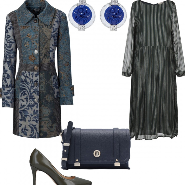 Outfit donna - Vado di fretta #voglio essere elegante. Stile Urban per Ufficio. Abbinamento con cappotti, vestito longuette a quadri collo tondo a maniche lunghe interno foderato in viscosa crêpe, borsa a tracolla, décolleté, orecchini.