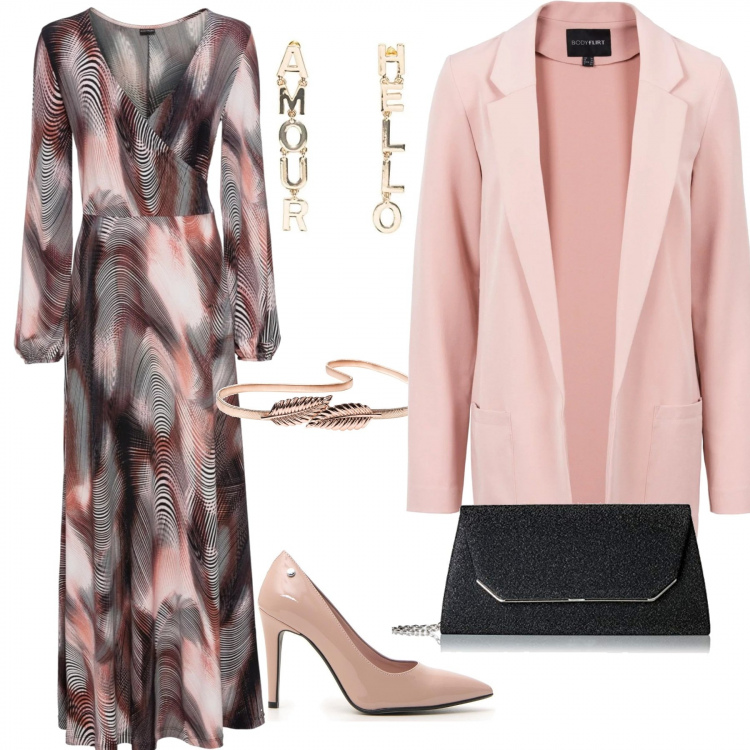 Outfit donna - Cerimonia curvy. Stile Bon Ton per Cerimonia. Abbinamento con vestiti corti, vestito lungo a portafoglio rosa, cinture, décolleté, orecchini a pendolo, shopping bag nero.