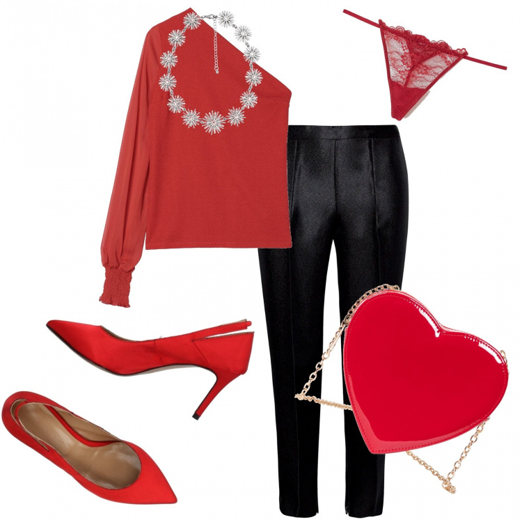 Outfit donna - Aspettando Capodanno.... Stile Sexy per Serata fuori. Abbinamento con borsa a tracolla, collana con strass e gancio maglia, décolleté a punta in flanella tinta unita, perizoma con pizzo tinta unita rosso, vestiti, pantalone nero.