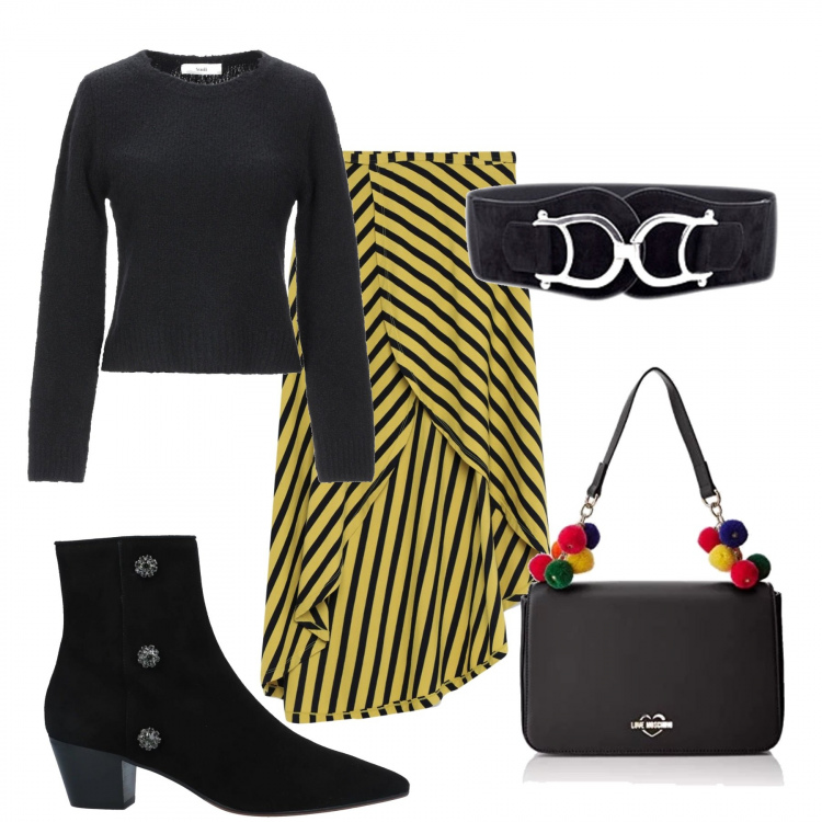 Outfit donna - Trendy #30849. Stile Trendy per Tutti i giorni. Abbinamento con cinture, gonne lunghe, pullover lavorato a maglia collo tondo a maniche lunghe tinta unita, stivaletti con strass effetto scamosciato con tacco geometrico e zip a punta tinta unita, borsa a mano nero.