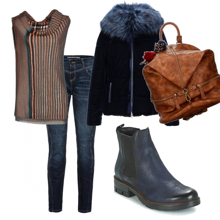 Outfit donna - Basic #19180. Stile Basic per Scuola/Università. Abbinamento con jeans boyfriend, maglioncino a righe lavorato a maglia collo a dolcevita senza maniche, giubbotto, stivaletti, shopping bag.