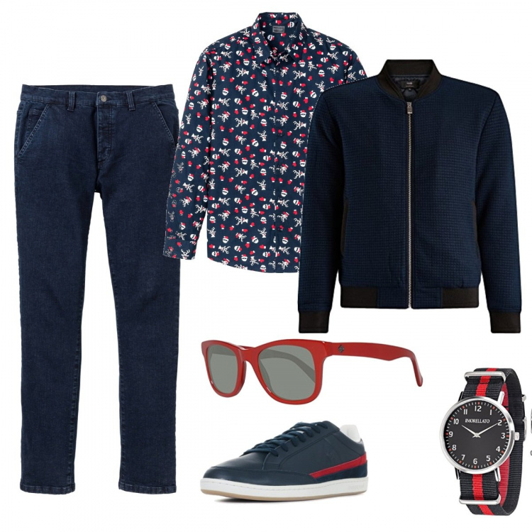 Outfit uomo - Analogie. Stile Casual per Tutti i giorni. Abbinamento con camicie, vestiti lunghi, scarpe blu, giacca a coste in in maglia aderente blu, orologi, occhiali da sole.