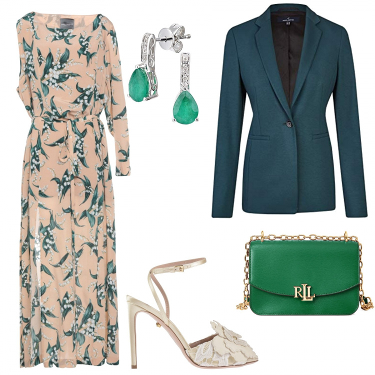 Outfit mujer - Berde esmeralda. Estilo Chic para Noche/Fiesta elegante. Combinación con pendientes oro, blazer jersey verde e nero, vestito fantasia floreale, borsa a tracolla mini in pelle, stiletti in raso.