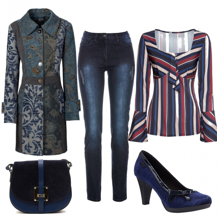 Outfit donna - Monday style midnight #curvystyle. Stile Trendy per Ufficio. Abbinamento con cappotti, blusa, felpe, scarpe con tacco blu scuro, borse.