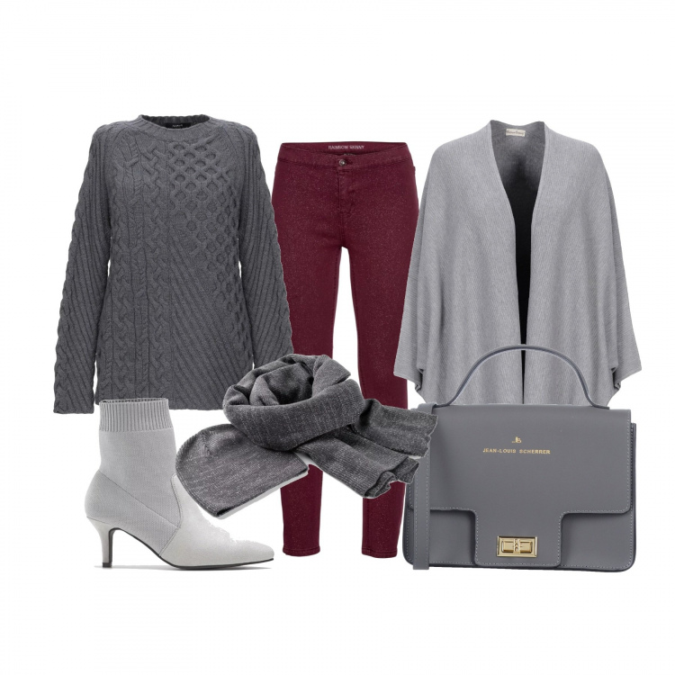 Outfit donna - Maglioncino con motivi intrecciati. Stile Urban per Tutti i giorni. Abbinamento con vestiti chemisier, pantalone lungo, stivaletti in in maglia grigio, borsa a tracolla mini a scatto tinta unita, pullover a trecce lavorato a maglia collo tondo a maniche lunghe in lana tinta unita, cardigan lavorato a maglia scollatura profonda a maniche lunghe taglia media tinta unita.