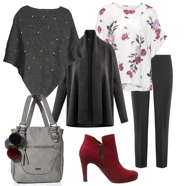 Outfit donna - Grigio, rosso e stile. Stile Basic per Tutti i giorni. Abbinamento con bluse, zaino grigio, stivaletti, cardigan a coste lavorato a maglia con polsini grigio, pantalone lungo, cappotti.